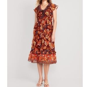 NWT Old Navy Waist-Defined Flutter-Sleeve Floral Midi Dress Women's M Multicolor